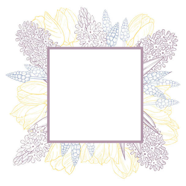 Moldura vetorial com flores de primavera desenhadas à mão. Tulipas e jacintos. Desenho ilustração
. - Vetor, Imagem