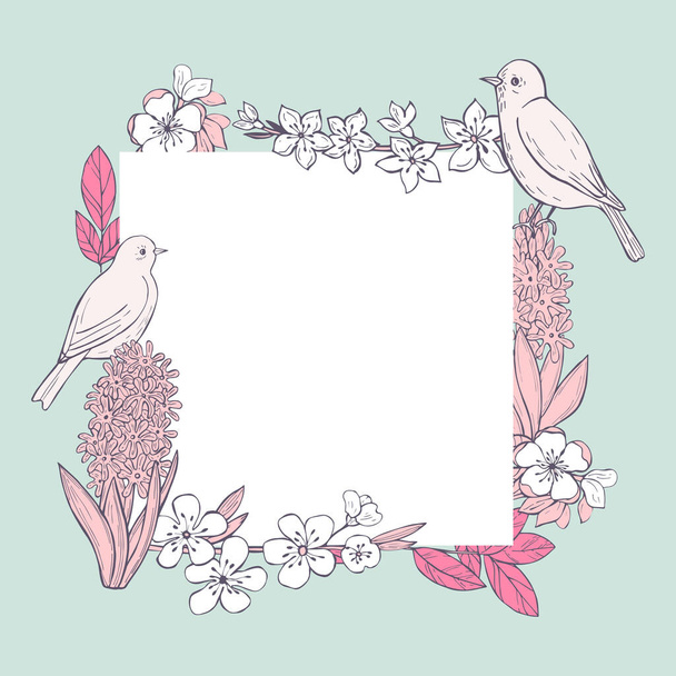 Frühling Hintergrund mit handgezeichneten Vögeln und Blumen.Vector Skizze Illustration. - Vektor, Bild