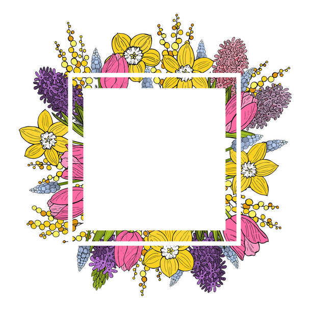 Voorjaarsachtergrond met handgetekende bloemen. Tulpen en hyacinten. Vector schets illustratie. - Vector, afbeelding