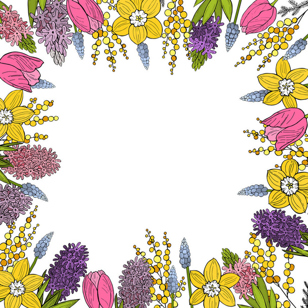Весенний фон с нарисованными вручную цветами. Тюльпаны и гиацинты. Векторная иллюстрация
. - Вектор,изображение