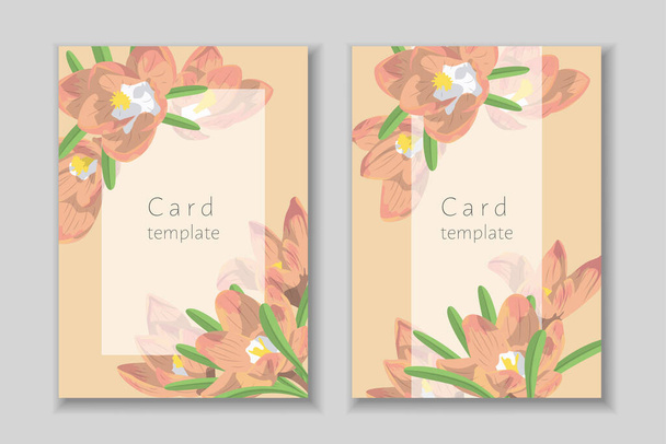 Set of rectangular frame with hand drawn crocus flower arrangement. Greeting card template. Vector illustration. - Vector, Image