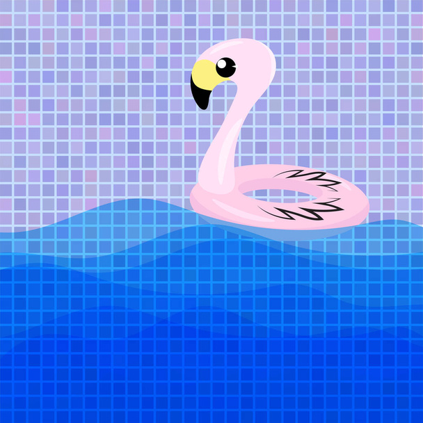 Inflatable Pink Flamingo Toy on Colored Square Background. Swimming Pool Ring for Kids. Rubber Tropical Bird Shape - Vector, Image