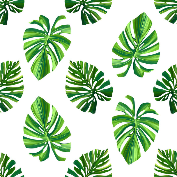 Jungle digital pattern with monstera palm leaves on white background. Seamless summer tropical fabric design. Hand drawn illustration - Photo, Image