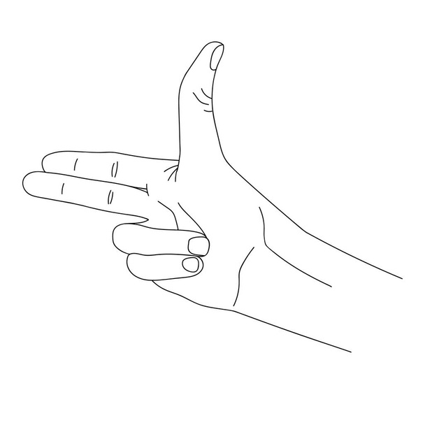 Gesture in the form of the index and middle finger pointing up. Black and white drawing of a hand. Hand making shooting gun, gesture outline vector illustration. Deaf and dumb language. Gun Hand - Vector, afbeelding