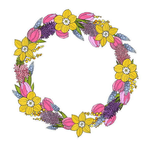 Corona de primavera con flores dibujadas a mano. Dibujo vectorial ilustración
. - Vector, imagen