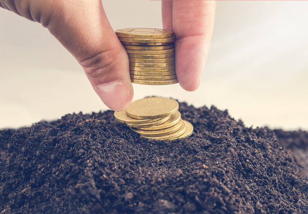 Woman stacking coins on soil against blurred background, closeup. Money savings - Photo, Image