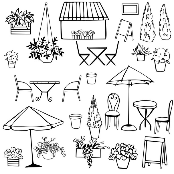 Street Cafe set. Umbrellas. Plants. Vector sketch  illustration. - Vector, Image