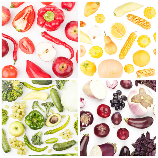 異なる色の果物や野菜から正方形,隔離された,トップビュー - 写真・画像