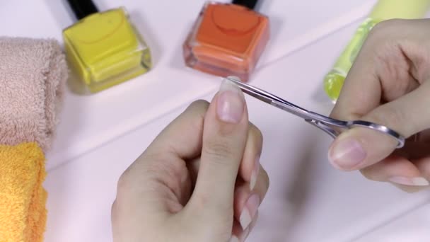 Manicure. Trim your nails. Cut. Shorten long nails. Home nail care, Spa, beauty. Procedure, nail salon. - Footage, Video