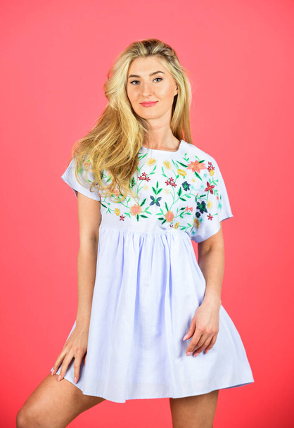 cute woman has blond hair. fashion and beauty. summer dress female collection. stylish makeup for her. sexy blonde on pink background. hairdresser beauty salon. looking so trendy - Photo, image