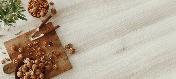 Smíšené ořechy na bílém dřevěném stole shora. Zdravé jídlo a svačinka. Ořechy. 3D vykreslování - Fotografie, Obrázek