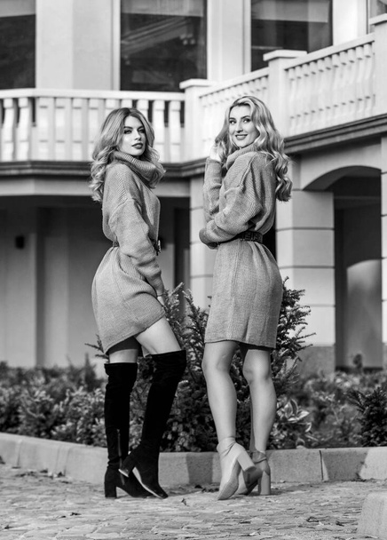 Enjoying every minute together. blond girls make up fall outfit. girls soft knitwear dress. cashmere woolen sweater. warm oversized clothes. sexy women sunny weather outdoor. free style comfortable - Фото, зображення