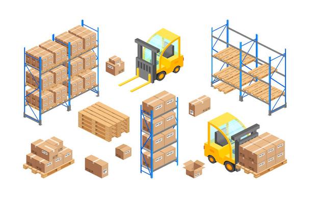 Isometric delivery warehouse vector illustration. 3d storage infographics, cargo logistics transport concept. Forklift, pallets, carton boxes, parcel, shelves isolated icon set for web site, app, adv - Vector, Image