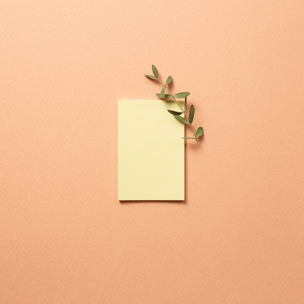 Papel memorando amarelo, notas pegajosas com folhas de eucalipto no fundo bege rosa. vista superior, espaço de cópia
 - Foto, Imagem