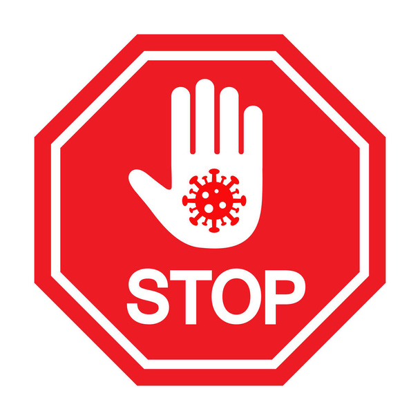 illustration of a stop hand sign depicting a virus on a white background. Warning about self-isolation and quarantine. - Vector, imagen