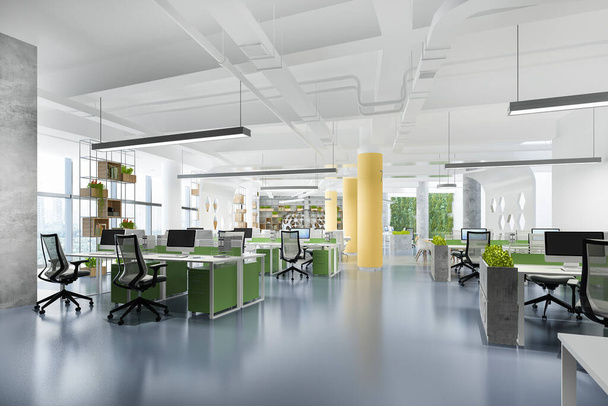 3d representación reunión de negocios y sala de trabajo en el edificio de oficinas con decoración verde y amarillo
 - Foto, imagen