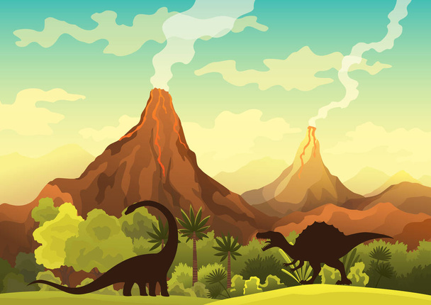 Προϊστορικό τοπίο - ηφαίστειο με καπνό, βουνά, δεινόσαυρους και πράσινη βλάστηση. Εικονογράφηση διάνυσμα του όμορφου προϊστορικού τοπίου και δεινόσαυροι - Διάνυσμα, εικόνα