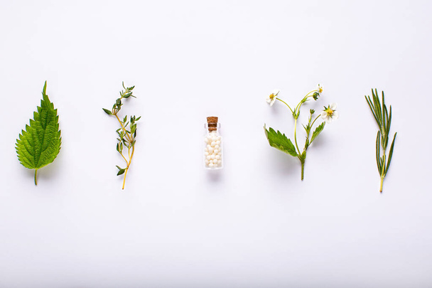 Lahvička esenciálních homeopatických kuliček, rozmarýn, kopřivy, tymián, jahoda na bílém pozadí. Koncepce léčivých přípravků - Fotografie, Obrázek