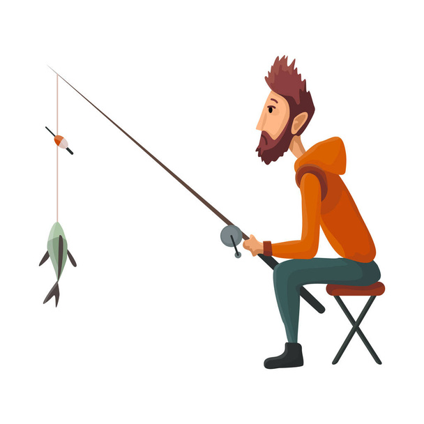 Young fisherman seating with fish rod pulls out the caught fish. Caughted fish. Successful fishing - Vector, Image