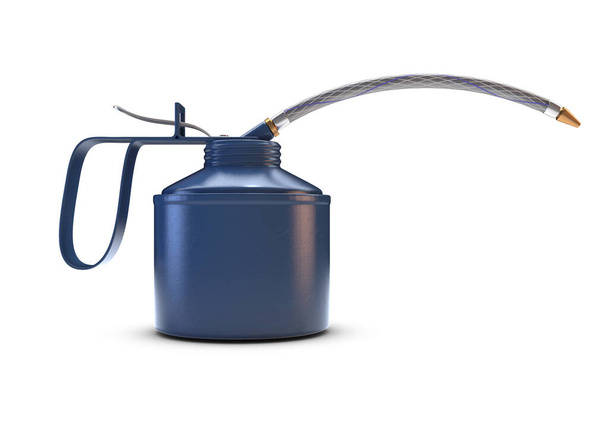A regular vintage blue oil can with a long braided hose nozzle on an isolated white studio background - 3D render - Photo, Image
