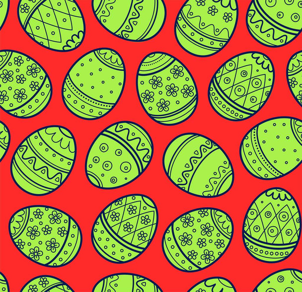 Easter pattern, seamless, green eggs, red background. The flat pattern. Illustration. Vector image.  - Вектор, зображення