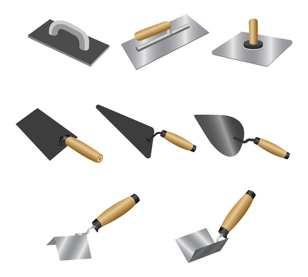 Set de cuchillo masilla con asas de madera. Conjunto isométrico de iconos vectoriales de cuchilla de masilla para construcción y reparación aislados sobre fondo blanco
  - Vector, imagen