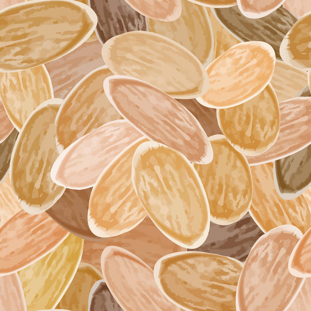 Mandlový vektor bezešvé vzor pozadí. Ručně kreslené ořechy s hustou texturou v odstínech hnědého pozadí. Sortiment ilustrací semen. Moderní celoplošný tisk pro stravu, koncept výživy při vaření - Vektor, obrázek