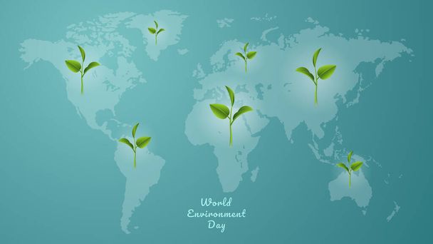 A Környezetvédelmi Világnap koncepciója. Föld Napja. Generált kép fák növekvő palánták világtérkép sötét pasztell zöld szilárd szín háttér. Vektorillusztráció. - Vektor, kép
