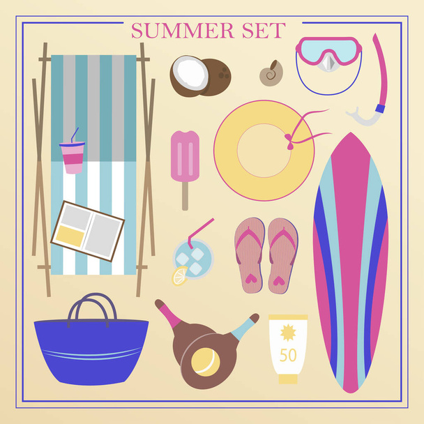 A set of flat beach summer items. Accessories for beach holidays by the sea. Swimsuit, diving cylinders, sunbed, camera and other icons for creating summer posters. - Διάνυσμα, εικόνα