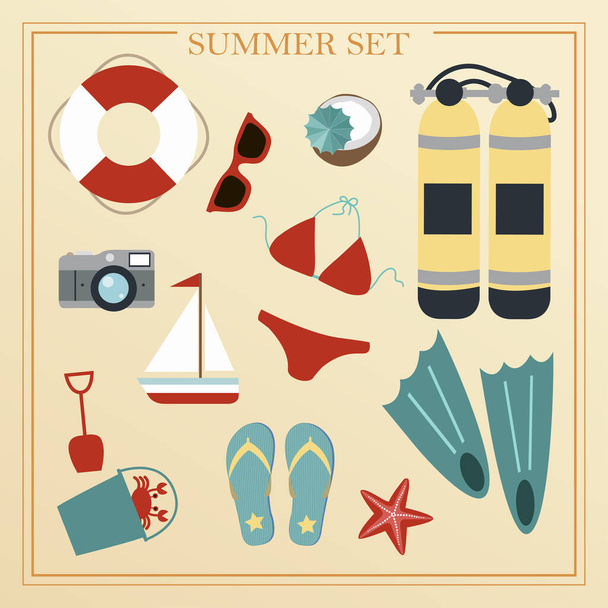 A set of flat beach summer items. Accessories for beach holidays by the sea. Swimsuit, diving cylinders, sunbed, camera and other icons for creating summer posters. - Vektor, Bild