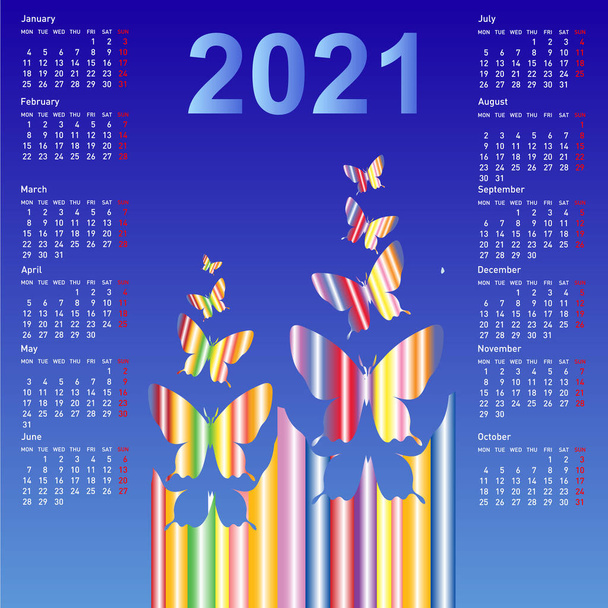 Stylish calendar with butterflies for 2021. Week starts on Sunday. - Vector, Image