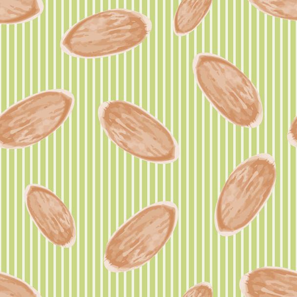 Mandel Vektor nahtlose Muster Hintergrund. Handgezeichnete Nüsse auf grün-weiß gestreiftem Hintergrund. Sortiment von Saatgut unterschiedlicher Form. Moderne Druckerzeugnisse für Lebensmittel, gesundes Kochen und Ernährungskonzept - Vektor, Bild