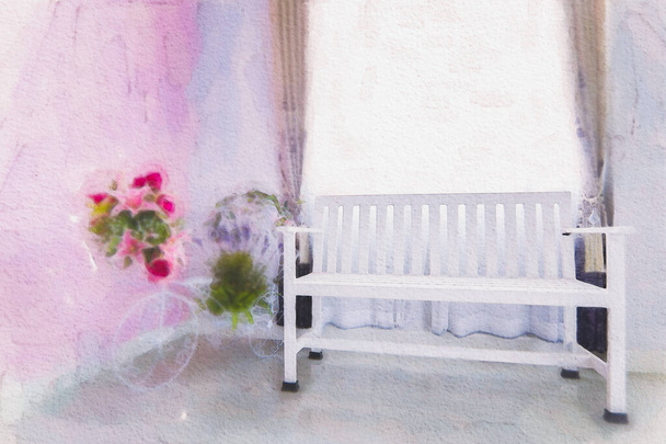 部屋の水彩画の白い椅子、白い背景に現代のデザイナーの椅子。リビングルームのインテリアファブリックソファと空の白い壁とモダンなスタイル. - 写真・画像
