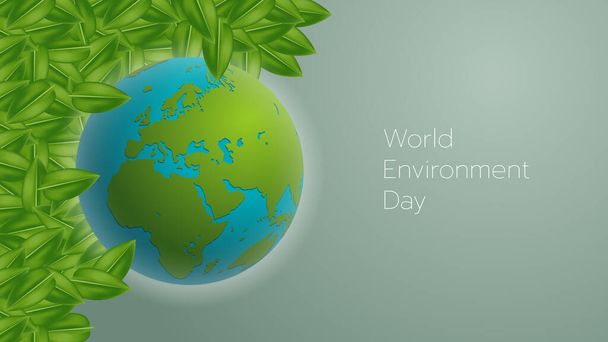 Weltumwelttag. Tag der Erde. Erzeugtes Bild der Erde und Blätter auf grünem Hintergrund. Vektorillustration. - Vektor, Bild