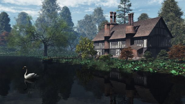 Englisches traditionelles Manor House am Fluss - Foto, Bild
