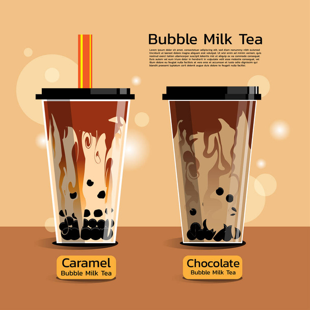 Bubble Milk Tea set, Chocolate Milk and Caramel Milk flavor. Very famous drink of Thailand, Taiwan and around the world. Graphic design Vector illustration as Poster with layers. - Vector, Image