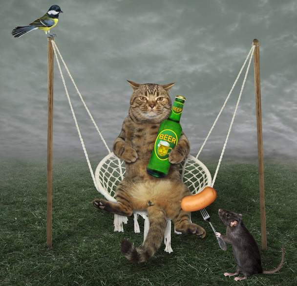 El gato beige con una botella de cerveza ligera se balancea en un columpio en el prado. Una rata negra le da una salchicha en un tenedor. Un pájaro está a su lado.
. - Foto, imagen