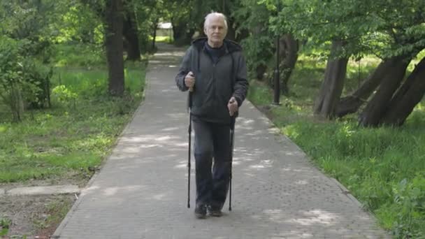 Aktivní starší muž trénink Nordic walking s lyžařskými trekkingovými tyčemi v parku - Záběry, video