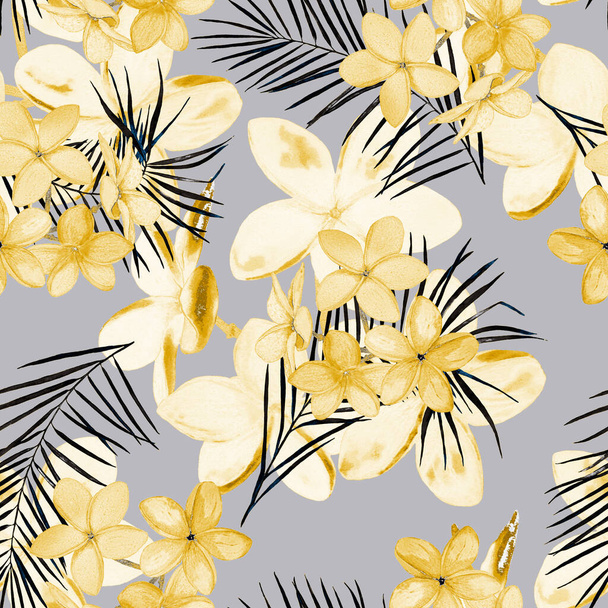 Decorative floral seamless patern with watercolor tropical flowers. Plumeria. Colorful summer nature background. - Foto, Imagem
