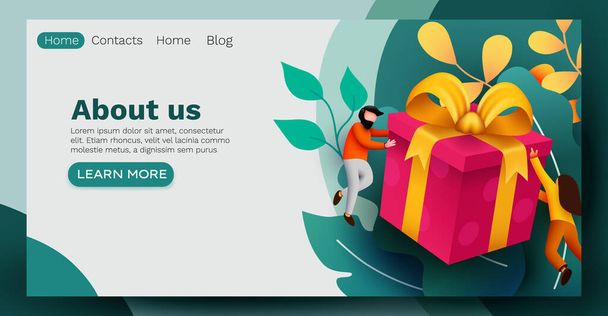 People flying around big present box. Celebration concept. Landing page, banner or flyer template. - Vector, Image