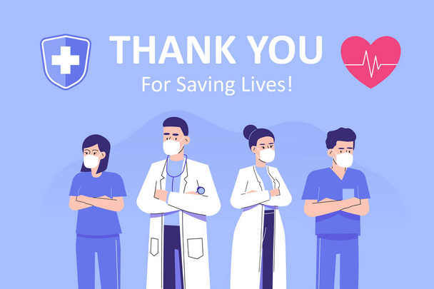 Ärzte retten Leben. Danke an Ärzte, Krankenschwestern und medizinisches Personal für die Bekämpfung des Coronavirus und die Rettung von Leben. Lebensretter und Helden. Moderne isolierte flache Vektordarstellung - Vektor, Bild