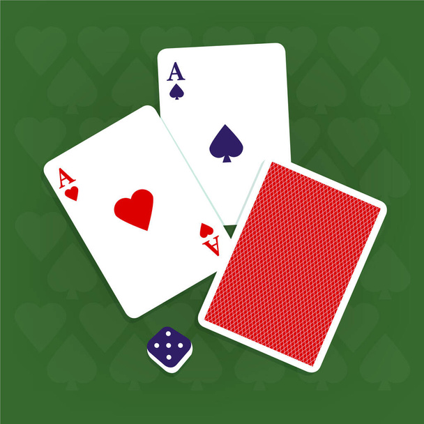 Playing cards, hearts of hearts and spades aces, dice on background of table with green cloth in a casino, top view. Jackpot rankings, illustration, icon, sign or banner for gambling site. - Photo, Image