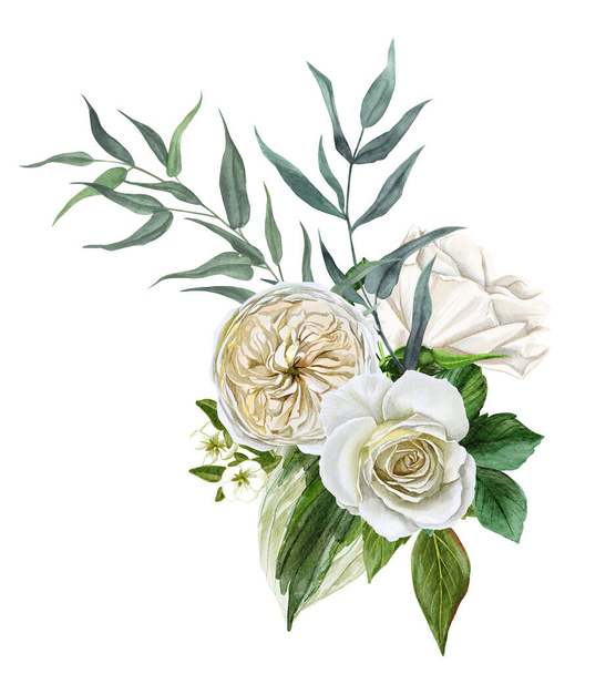 White flowers bouquet, roses and leaves, hand drawn - Fotoğraf, Görsel