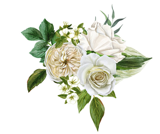 White flowers bouquet, roses and leaves, hand drawn - 写真・画像