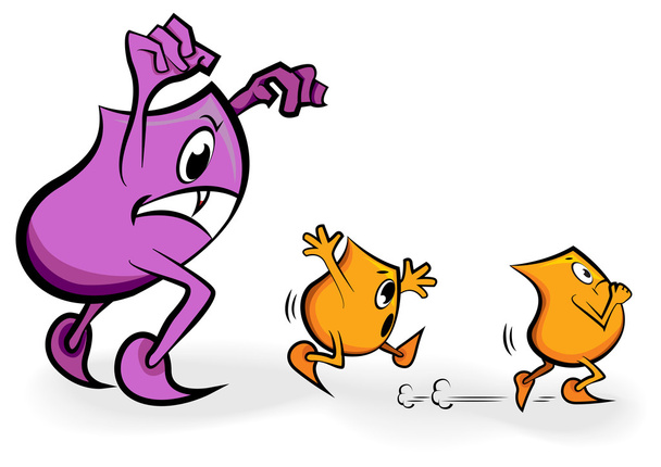 Personagem de desenhos animados - Blinky - com medo de um monstro assustador
 - Vetor, Imagem
