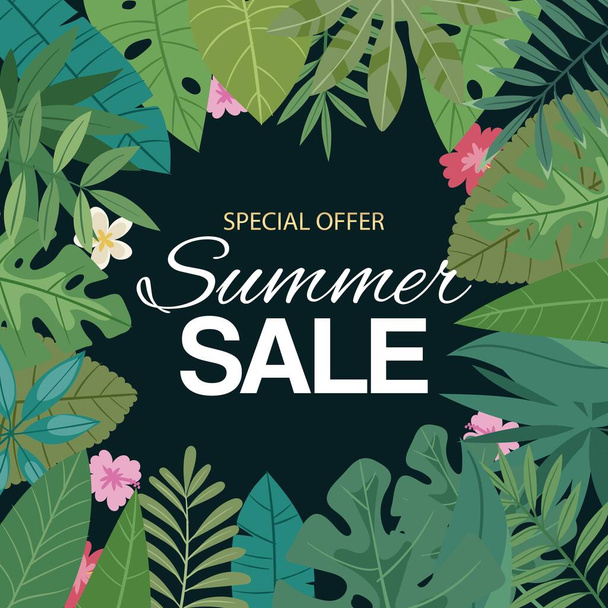 Trópusi nyári eladó banner vektor illusztráció. Plakát pálmalevéllel, dzsungellevéllel és kézírással. Virágos trópusi nyári háttér. - Vektor, kép