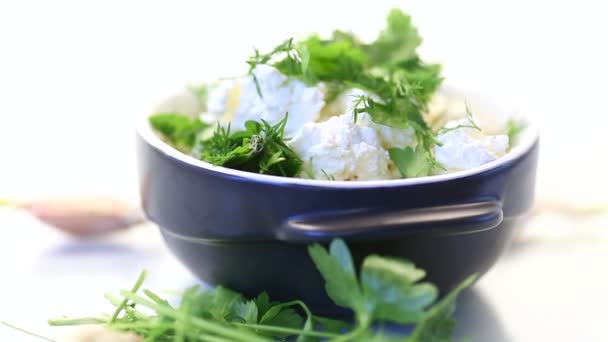 salted homemade cottage cheese with garlic and herbs in a bowl - Imágenes, Vídeo