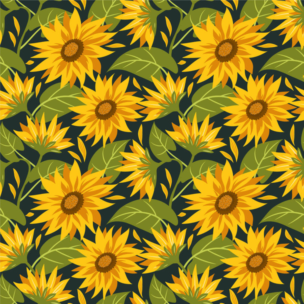 Seamless pattern with sunflowers on dark background. Summer vector illustration - ベクター画像