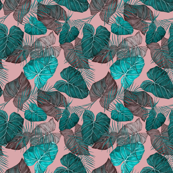 Abstract decorative seamless pattern with watercolor tropical leaves. Colorful hand drawn illustration. Vintage exotic background. - Фото, изображение