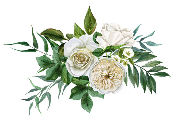 Букет белых цветов, розы и листья, нарисованные вручную
 - Вектор,изображение